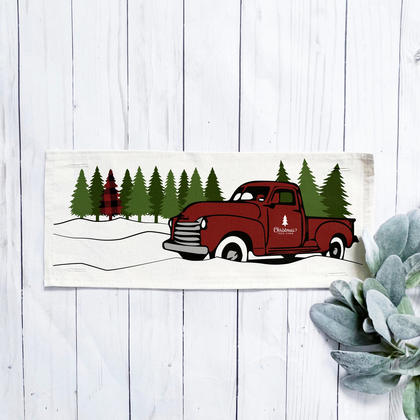 NEW!   Holiday Panel: Winter, Trees,  Father's Day Dad  Vintage; Christmas Red Buffalo PLAID TREE TRUCK