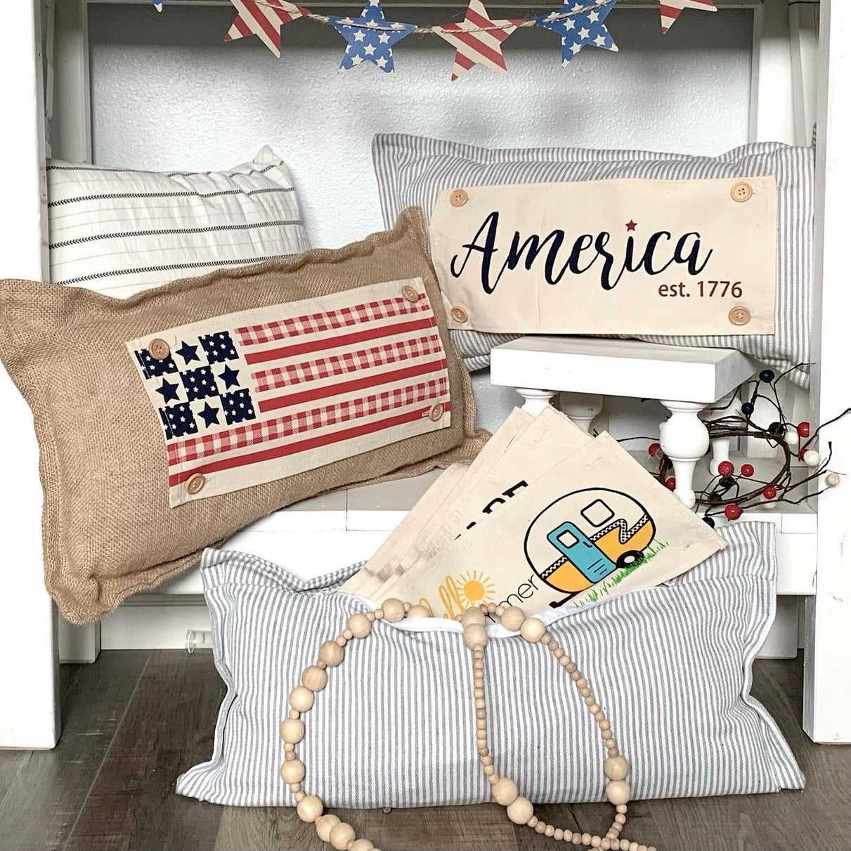 Holiday Panel: Summer, Star, Red, White and Blue, Cursive, Est. Vintage, Farmhouse; AMERICA 1776