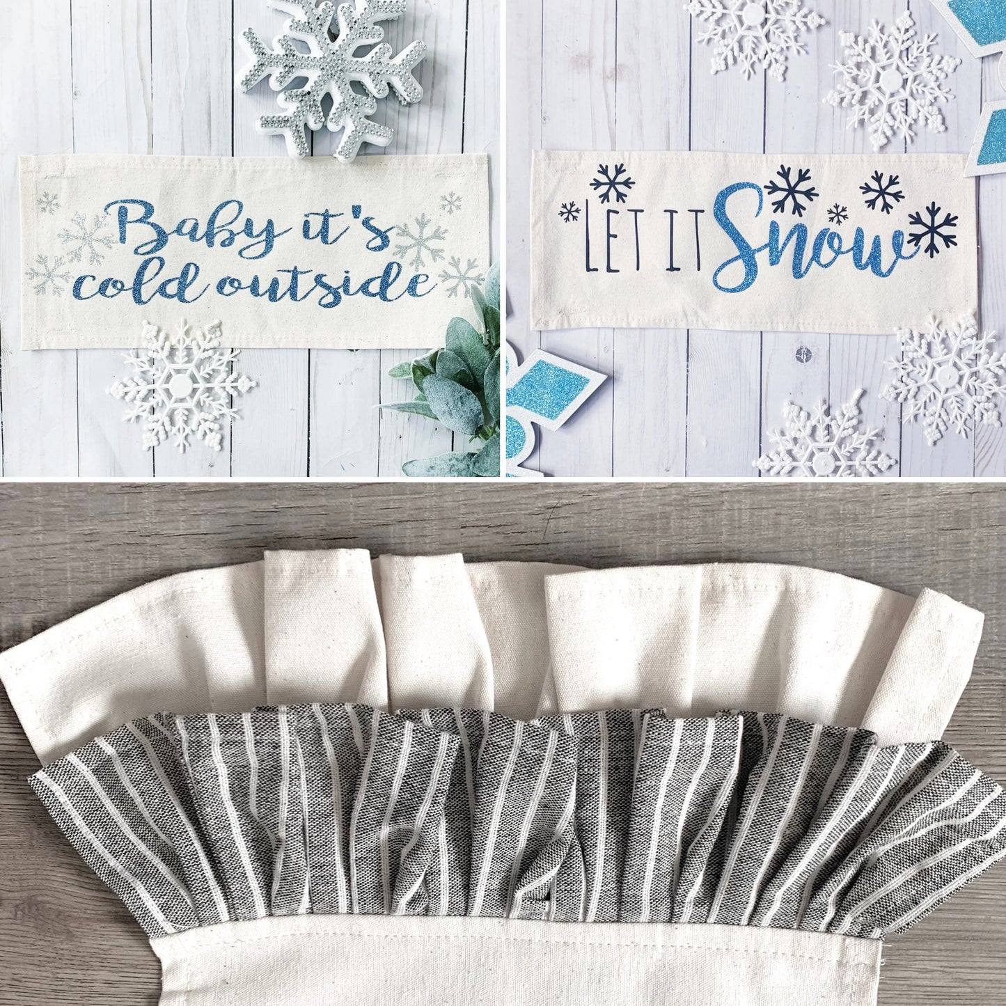 NEW!  GLITTER GIFT PARTY PACKAGE BUNDLE: Holiday Pillow Cover Panel Christmas Winter Wonderland:  GLITTER LET IT SNOW / BABY IT'S COLD OUTSIDE + CHARCOAL/CREAM STRIPES TABLE RUNNER