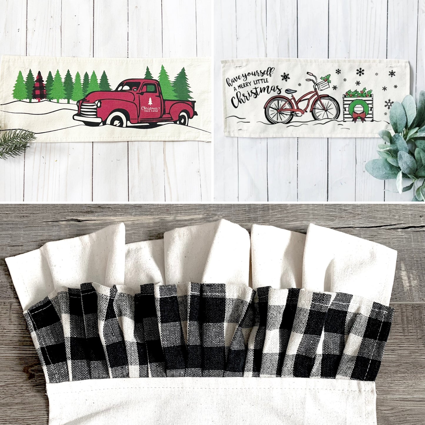 2 PANELS & RUNNER BUNDLE: RECTANGLE Holiday Pillow Cover Panel Christmas Winter: Runner Combo VINTAGE CHRISTMAS BIKE / RED TRUCK + BUFFALO CHECK RUNNER