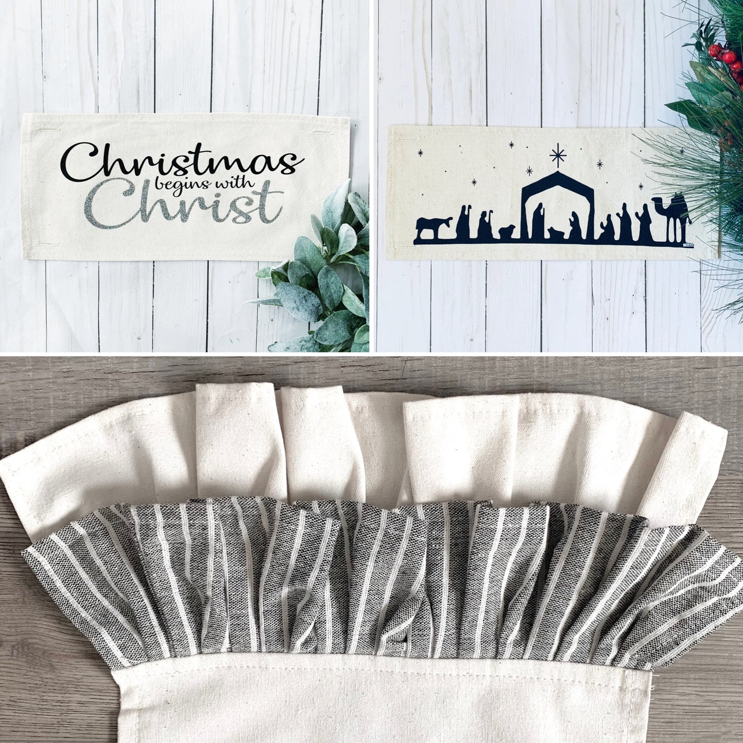 NEW!  GLITTER GIFT PARTY PACKAGE BUNDLE: Holiday Pillow Cover Panel Christmas Winter: Runner Combo GLITTER CHRISTMAS BEGINS WITH CHRIST / NATIVITY SILOUETTE + CHARCOAL/GREY STRIPES TRABLE RUNNER