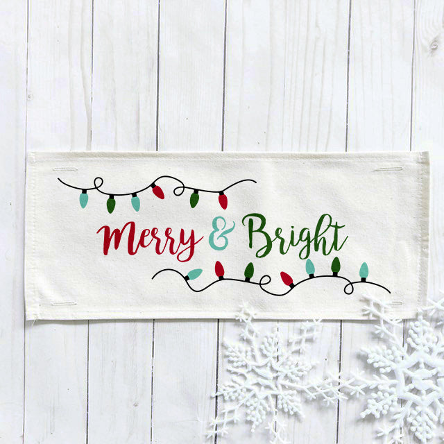 PANEL ONLY RECTANGLE:  Holiday Panel: Winter, Christmas Lights, String of Lights, Farmhouse, Red, Green, Blue ; MERRY & BRIGHT