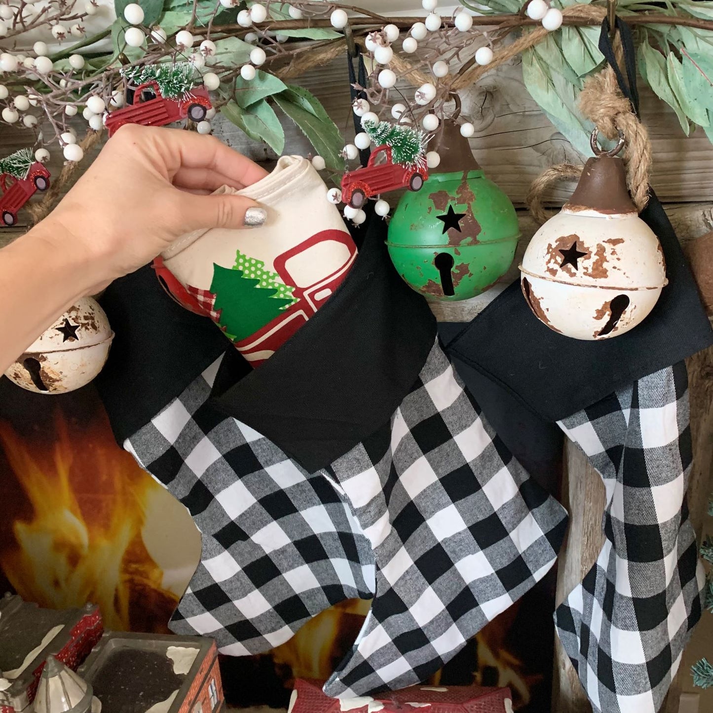 2 PANELS & RUNNER BUNDLE: RECTANGLE Holiday Pillow Cover Panel Christmas Winter: Runner Combo VINTAGE CHRISTMAS BIKE / RED TRUCK + BUFFALO CHECK RUNNER