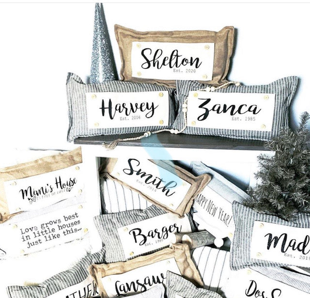 Custom Wedding Gift Bundle:  3 seasons + CHARCOAL/GALVINIZED STRIPES pillow + custom last name panel & BEEHIVE / NEW CMAS TRUCK / BE MY VALENTINES