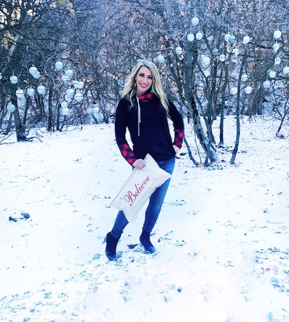 PANEL ONLY:  RECTANGLE  Glitter Holiday Panel: Winter, Christ Santa Christmas; CURSIVE SCROLL RED BELIEVE