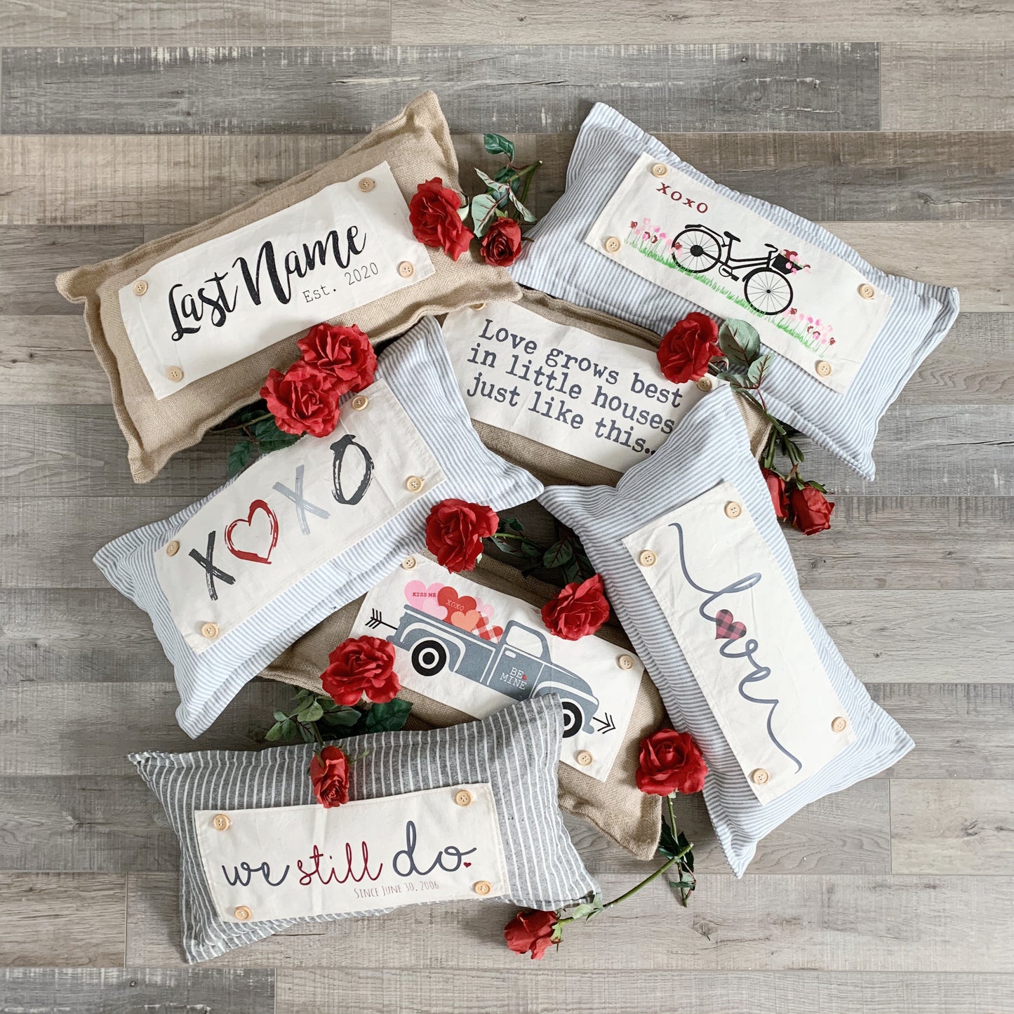 Custom Wedding Gift Bundle:  3 seasons + CHARCOAL/GALVINIZED STRIPES pillow + custom last name panel & BEEHIVE / NEW CMAS TRUCK / BE MY VALENTINES / CUSTOM PANEL