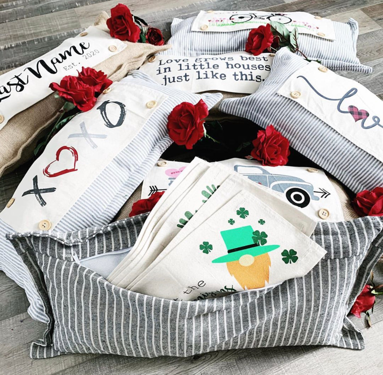 Custom Wedding Gift Bundle:  3 seasons + CHARCOAL/GALVINIZED STRIPES pillow + custom last name panel & BEEHIVE / NEW CMAS TRUCK / BE MY VALENTINES / CUSTOM PANEL