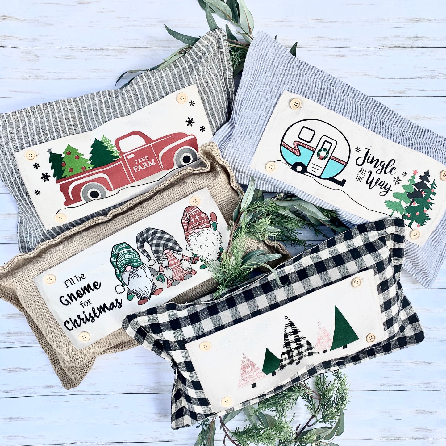 SEASONAL BUNDLE SET: Buffalo Check Gingham Pillow (comes with foam insert and these 4 panels in back pocket); Winter Fall Autumn Summer:  Sunflowers, Snowman Scarves, Vintage Valentines Truck, Summer Vintage Retro Camper