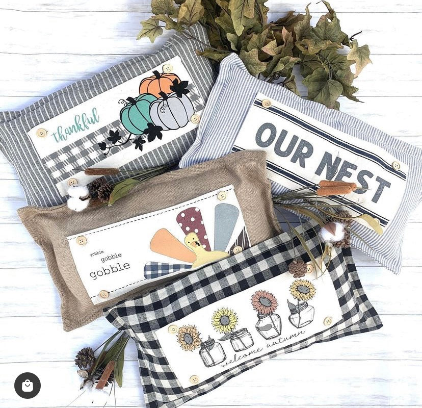 SEASONAL BUNDLE SET: Charcoal/Cream Stripes Pillow (comes with foam insert and these 4 panels in back pocket); Winter Spring Summer Fall Autumn: THANKFUL PUMPKINS, JACK FROST SNOWMAN, BUNNY HOP EASTER, AMERICAN 1776